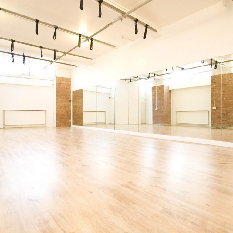 large bright studio with mirrored walls and aerial circus and pole dance equipment available for hire at london dance academy